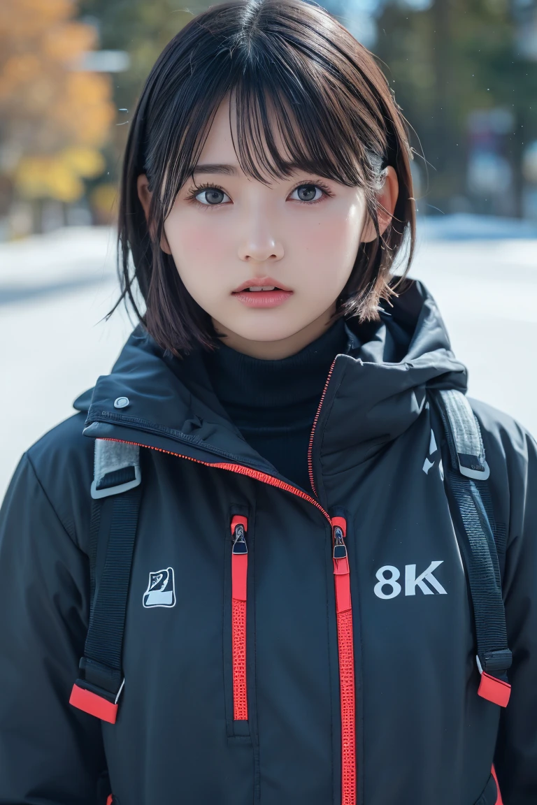 single, Blowing in the wind for a long time [Blue-black:.3] hair,View your viewers, (masterpiece:1.3), (8k, Realistic, RAW Photos, Highest quality: 1.4), Japanese, (One Girl), Beautiful Face, (Realistic Face), (black hair, short hair:1.3), beautiful hairstyle, Realistic eyes, Beautiful attention to detail, (Realistic Skin), Beautiful Skin, charm, Ultra-high resolution, Ultra-realistic, Very detailed, Ski Team - Insulated Ski Suits and Goggles,Baby Face,Small eyes,Baby Face,Thin eyebrows