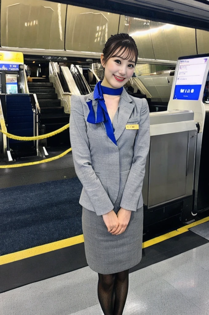 One Japanese woman、Airport terminalsでしゃがんでいる女性、((Full body photo:1.2))、24-years-old、stewardess、Cabin attendant、(Highest quality、masterpiece、high resolution、High resolution)、Clear makeup、Beautiful woman、Perfect proportions、Beautiful feet、Detailed face and eyes、Moisturized lips、Beautiful black hair、(Nikon Z9 NIKKOR Z 50mm f/1.2 S 50mm F/11 1/40secs:1.2)、((RAW Photos、Photos like the real thing))、Updo、Look at you with a gentle smile、Airline Uniforms、ANA Uniforms、Gray Uniform、(Blue Shirt)、(Blue neck scarf:1.3)、Black high heels、Black pantyhose、Thin material pantyhose、(Airport terminals、Clean floor、Bright lighting)