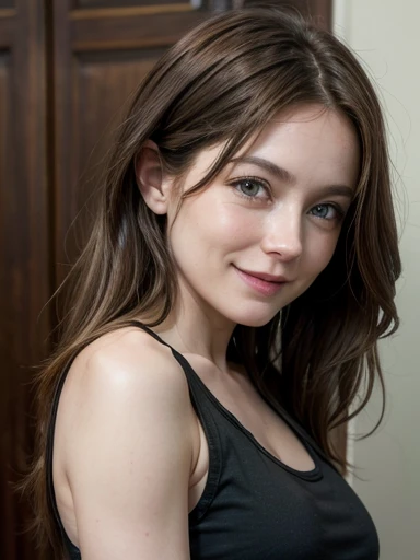 White woman, 35 years old, Brown hair, long hair, Nice hair, Green eyes, Nice face, Nice body, shy, laughing, black tank top, 50 mm