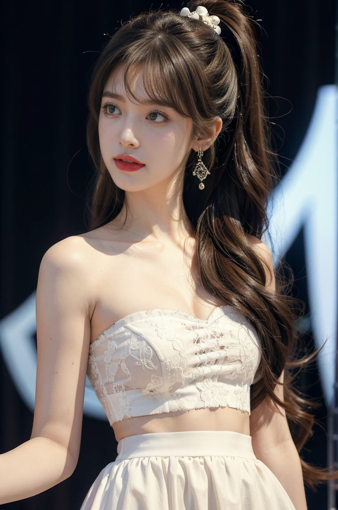 1girl,bangs,bare arms,collar,strapless white lace bellyband,cleavage,detailed background,detailed eyes,brown hair,earrings,upper body,jewelry,slim,flat chest,ponytail,looking at viewer,makeup,night scene,red lips,signature,laughing,solo,On the T-stage,fashion show,Surrounded by crowded crowds on both sides of the stage,neon lights