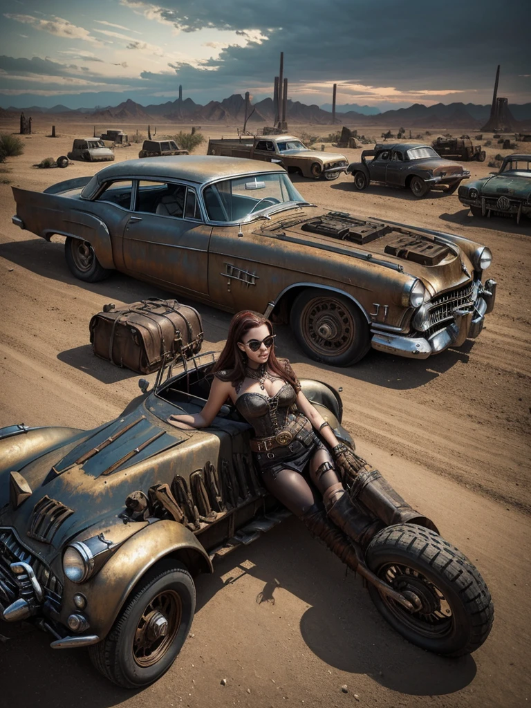 faithful image of an old rusty 1955 cadilac eldorado with spikes and spikes on the hood, carro steampunk, dramatic art, estilo de arte dieselpunk, apocalyptic road warrior vibe, a girl in sunglasses stands in the car, arte digital surreal, Mad Max inspirado, heavy metal artwork, simetria da face cromada, arte steampunk digital, It's not the Mad Max style, metal art, It's not Filip Hodas' art style, arte digital steampunk, dieselpunk