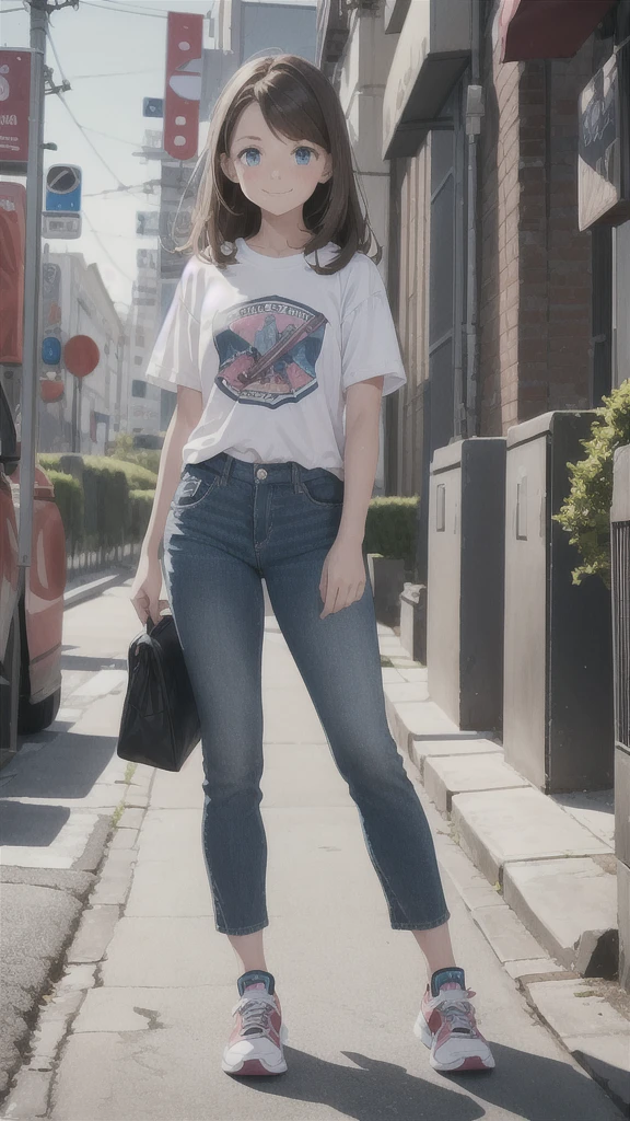 Laura is a -yeld gi has brown hair and blue eyes, is smiling and cheerful, wears pants, T-shirt and sneakers, is a beautiful girl ((full body image))