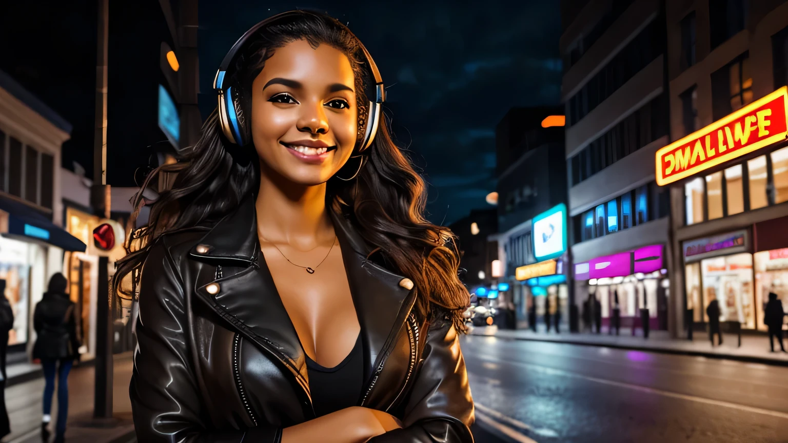 Woman with headphones on the street at night, neon lights in the headphones and in the shop advertisements. Woman with light brown skin, long black wavy hair, blonde highlights in her hair. Smiling. Neckline. Black leather jacket, leaning on the wall.