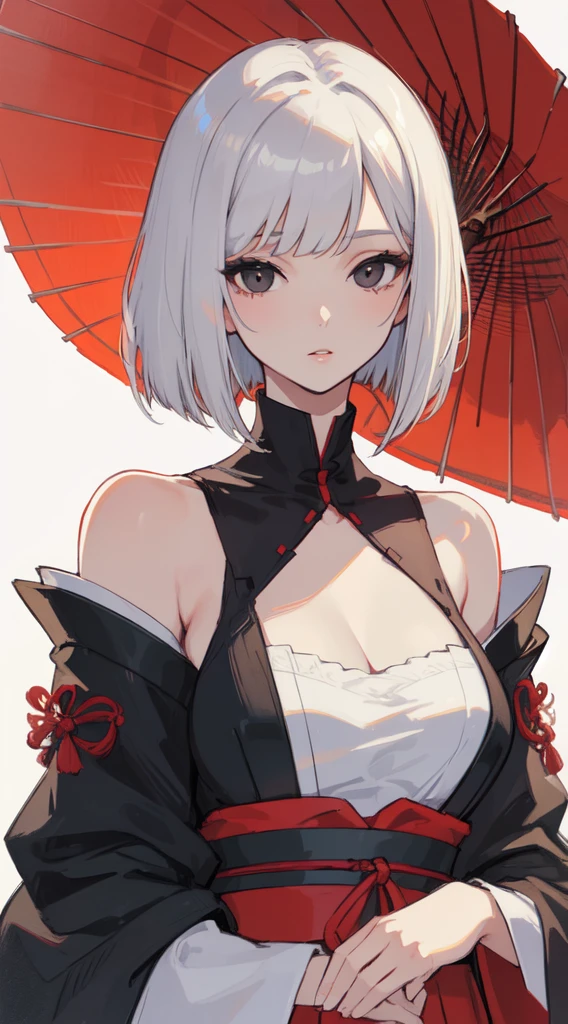 22-year-old beautiful girl, ((Masterpiece)))), (((Best quality)))), (((Very detailed))), detailed fingers, illustration, Slanted eyes, Black eyes, white bob cut, Shoulders, Japanese old style clothing, medium breasts, 