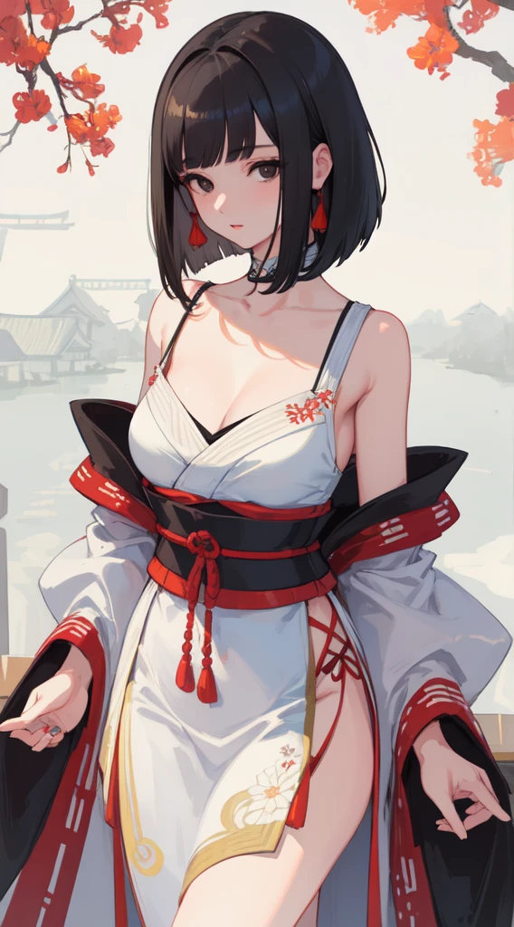 22-year-old beautiful girl, ((Masterpiece)))), (((Best quality)))), (((Very detailed))), detailed fingers, illustration, Slanted eyes, Black eyes, white bob cut, Shoulders, Japanese old style clothing, medium breasts,
