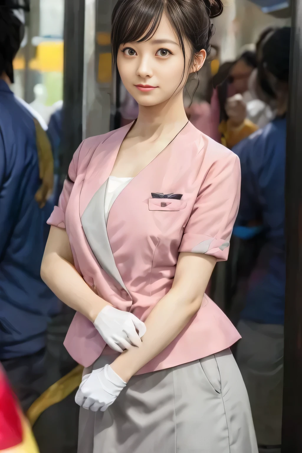 (masterpiece:1.2, Highest quality:1.2), 32K HDR, High resolution, (alone、1 girl)、(On the rooftop of a building in the daytime、Professional Lighting)、Building rooftop background、(Nankai train crew uniform pinkを着たリアルスタイル)、(Nankai train crew uniform pink short sleeve collarless pink jacket、Nankai Train Crew Uniform Pink Collarless Short Sleeve Blouse、Nankai Train Crew Uniform Pink Grey Knee-length Culottes)、((The bottom of the pink short-sleeved jacket cannot be tucked into the clay-colored culottes.))、Dark brown hair、(Hair tied up、Hair Bun、Hair Bun)、Dark brown hair、Long Shot、Big Breasts、Thin legs、((Great hands:2.0)),((Harmonious body proportions:1.5)),((Normal limbs:2.0)),((Normal finger:2.0)),((Delicate eyes:2.0)),((Normal eyes:2.0)))、(Nankai Train Crew Uniform Pink Grey Knee-length Culottesを見せた美しい立ち姿)、smile