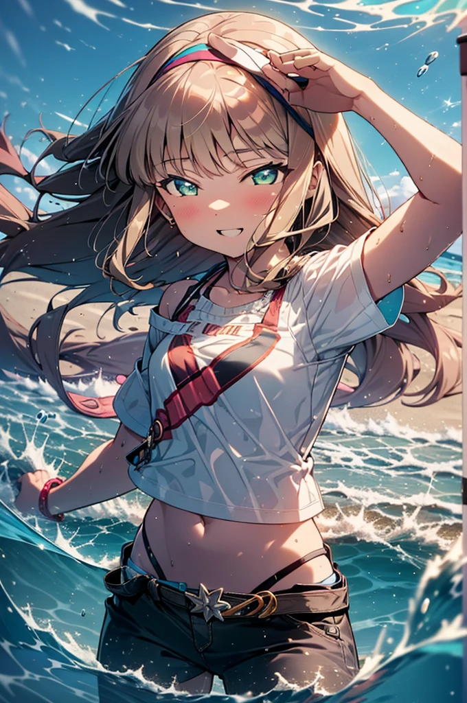 Tropical Dream Bud,Tropical Dream Bud sss Dynazenon ,Brown Hair,Long Hair,Green Eyes,Big straw hat,smile,blush,Hibiscus hair accessory,Blue bikini swimsuit,barefoot,Oversized T-shirt,break outdoors, Beach,
break looking at viewer,whole body, (Cowboy Shot:1.5),
break (masterpiece:1.2), Highest quality, High resolution, unity 8k wallpaper, (figure:0.8), (Beautiful fine details:1.6), Highly detailed face, Perfect lighting, Highly detailed CG, (Perfect hands, Perfect Anatomy),