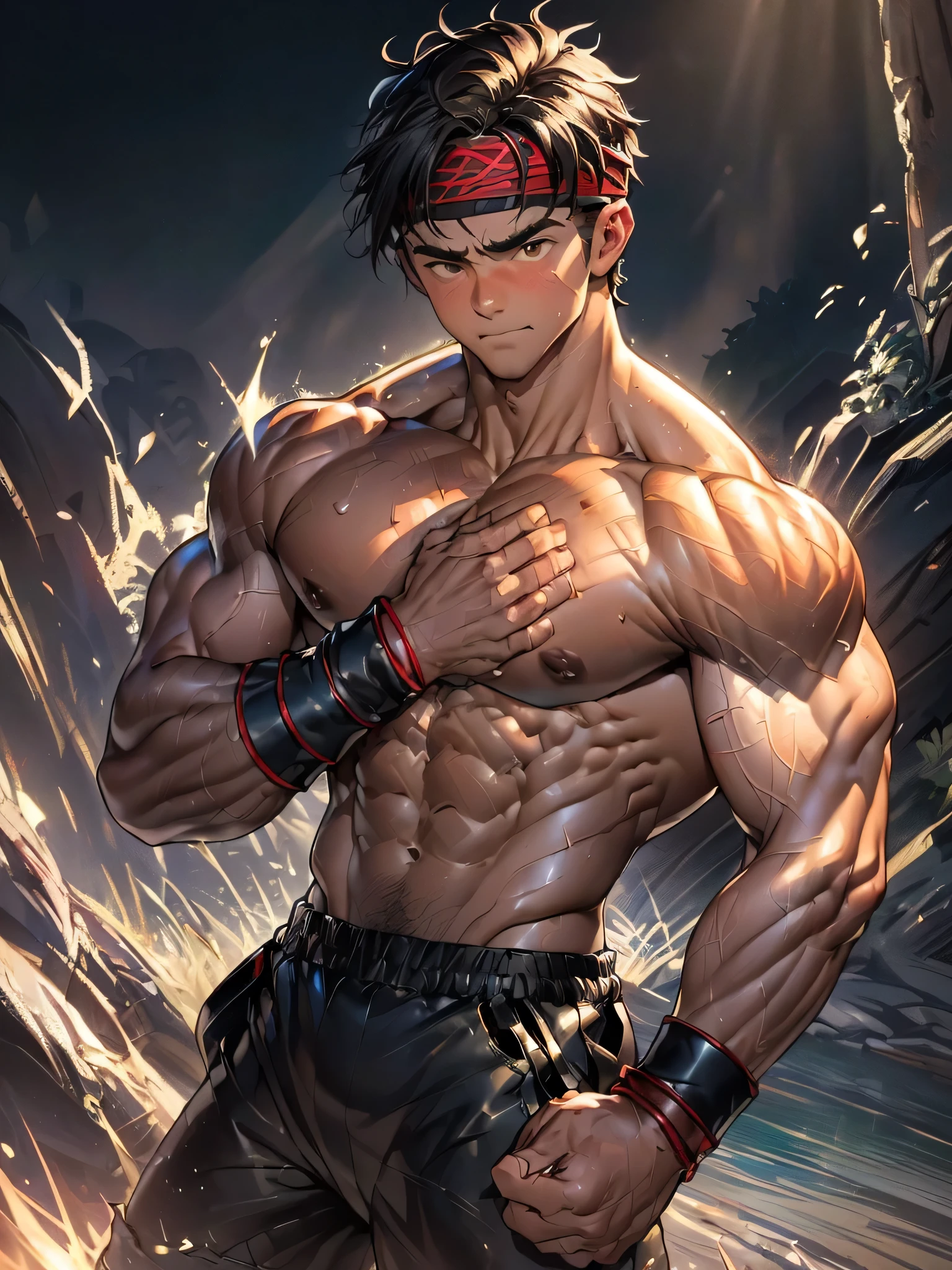 (Masterpiece, Best quality 19 year old boy, black background, cowboy shot), solo, Young, boy, muscler, Shirtless, topless, (Dark Short straight hair, under cut, brown eyes), (red headband, ((leather fingerless grobe, black wristband))), ((hot Abs:1.2, big breast:1.2, chest!, muscler upper arms), Vivid colors, muscler!, muscler, muscler body, (aura power:1.4), detailed face, detailed muscle, (((A magical mystical aura, rippling muscles, fighting pose, struggle, combats, fighting, chilling atmosphere, subtle color tones)))