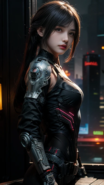 masterpiece,Highest quality,High resolution,8k,(R Original photo),Actual situation,Digital photography,(Cyberpunk meets fantasy),(personal),Female Soldier,Hairstyle is free,Cyberpunk City，With bangs, accessories,shut up,Elegant and attractive,serious and arrogant,calm and handsome,(Cyberpunk and fantasy style clothing combination）,Hollow-out carving design,Small breasts，composite armor,Front pose for photo,Realistic Style,oc rendering reflection texture，，Future City，Medium-range shooting,Whole body