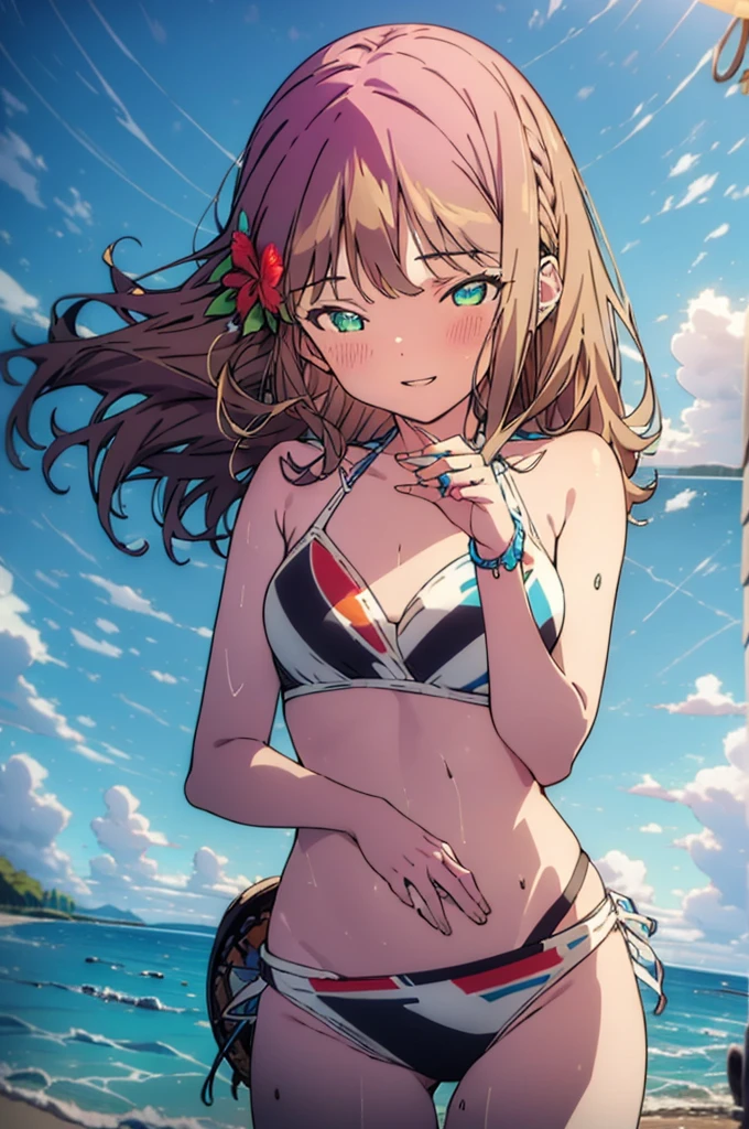 Tropical Dream Bud,Tropical Dream Bud　sss Dynazenon ,Brown Hair,Long Hair,Green Eyes,smile,blush,Hibiscus hair accessory,Blue bikini swimsuit,barefoot,Oversized T-shirt,break outdoors, Beach,
break looking at viewer,whole body, (Cowboy Shot:1.5),
break (masterpiece:1.2), Highest quality, High resolution, unity 8k wallpaper, (figure:0.8), (Beautiful fine details:1.6), Highly detailed face, Perfect lighting, Highly detailed CG, (Perfect hands, Perfect Anatomy),
