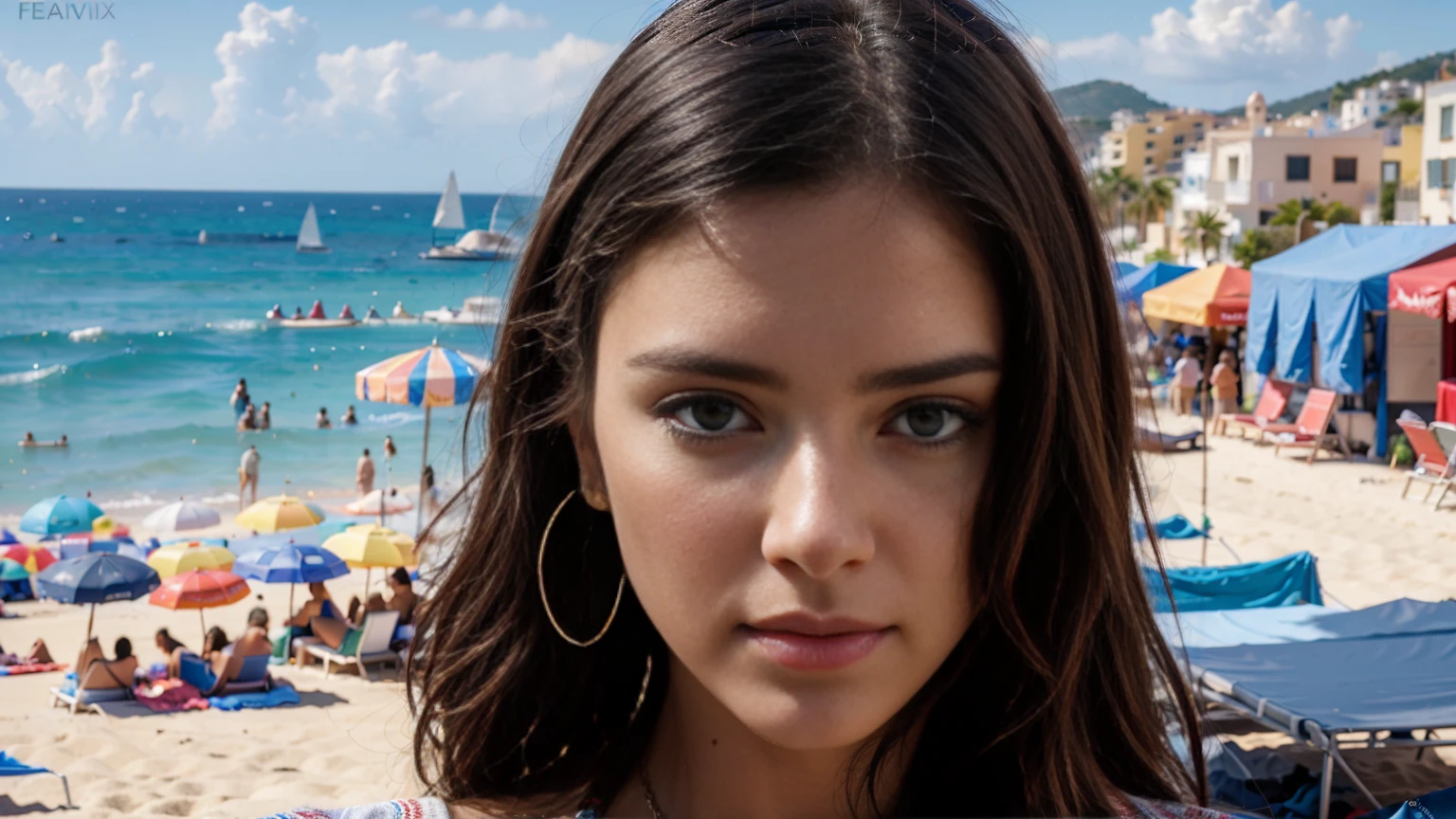 (ultra-high definition, hyper-realistic, highly detailed, high quality, sharp focus, professional lighting, vivid colors, intricate details), (beach in Ibiza Spain background with water, yachts, boats, detailed architecture, people, vibrant atmosphere), (best quality,4k,8k,16k,Highest,masterpiece:1.2),(realistic,photorealistic,photo-realistic:1.37), (extremely detailed CG unit, 16k wallpaper), 16k UHD, 16k HDR, Fujifilm XT3 sharp focus, professional lighting, vivid colors, intricate details, film grain, RAW photography, Fujifilm XT3 realistic painting art, f5.6, Utilize state-of-the-art deep learning models and adjust parameters according to quality metrics such as Structural Similarity (SSIM) and Perceptual Loss to create an image that is indistinguishable from a real, high-quality photograph, fine-tuning, (be creative),