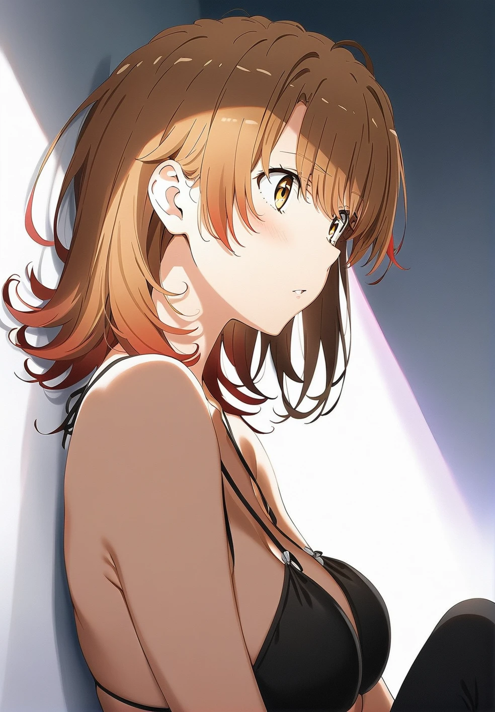 1girl, (isshiki iroha, yahari ore no seishun lovecome wa machigatteiru:1.5), brown hair, brown eyes, black bikini, thigh, perfect face, perfect anatomy, light rays, extremely delicate body, smooth skin, feminine expression, (cristal clear eyes, beautiful face), (cinematic light:1.5), (artist m-da s-tarou:0.2), (best quality)