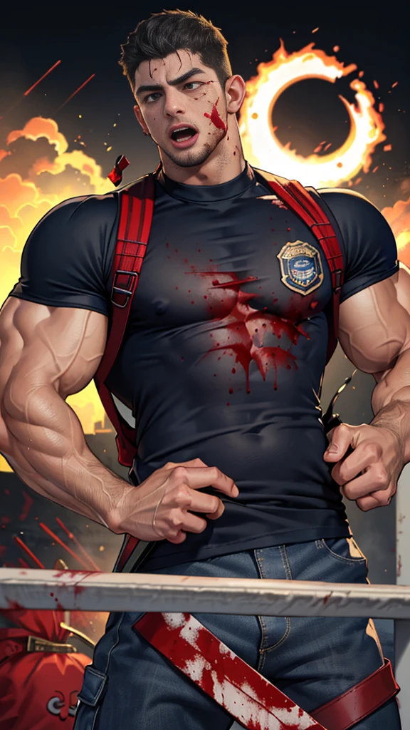 (Create a masterpiece: 1.2),(CGI art:1.3),(realistic:1.5),(After processing:1.3),(Sharp focus:1.3), (man Fight, join in battle:1.5 ), straight, front ,Chris Redfield ,(black hair), smile open mouth, (Wear color navy round neck T-shirt: 1.5), (with a Police badge: 1.2), navy cargo , (blood splatters) ,( abrasions on face: 1.5), (Blood stains on the face and body: 1.4), Korean guy , korean men, (High gloss details), chest muscles, large arm muscles, blood vessel, Big muscles, Broad shoulders, looking at the audience, Balancing the eyes, middle of the road , (black backpack: 1.3) ,(open mouth:1.6)