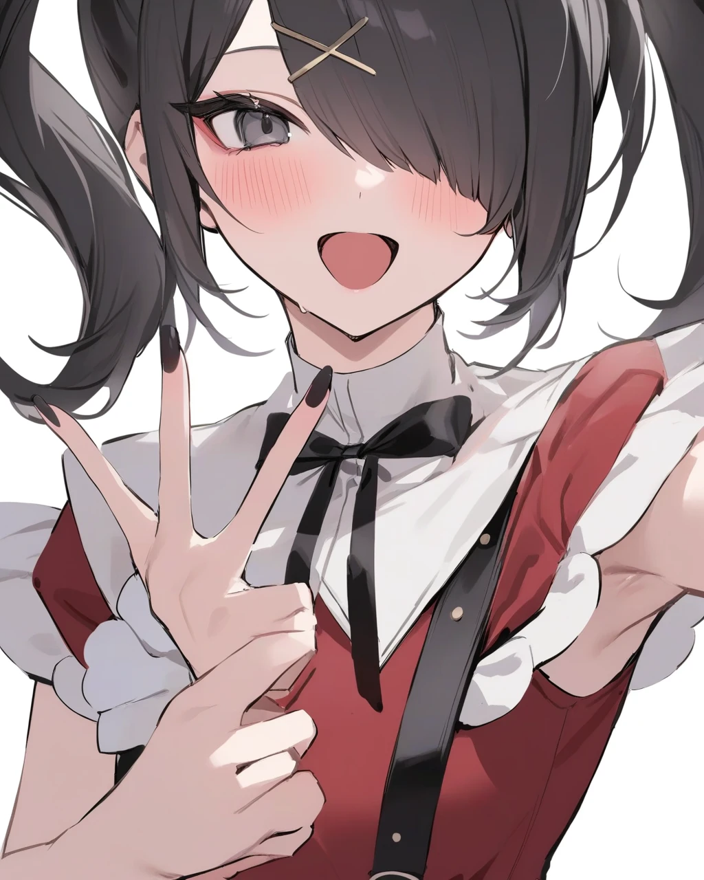 masterpiece,best quality,ame-chan \(needy girl overdose\),1girl,solo,black hair,twintails,v,hair over one eye,black ribbon,white background,open mouth,simple background,,x hair ornament,black nails,neck ribbon,looking at viewer,blush,nail polish,suspenders,grey eyes,bangs,:d,hairclip,red sh,