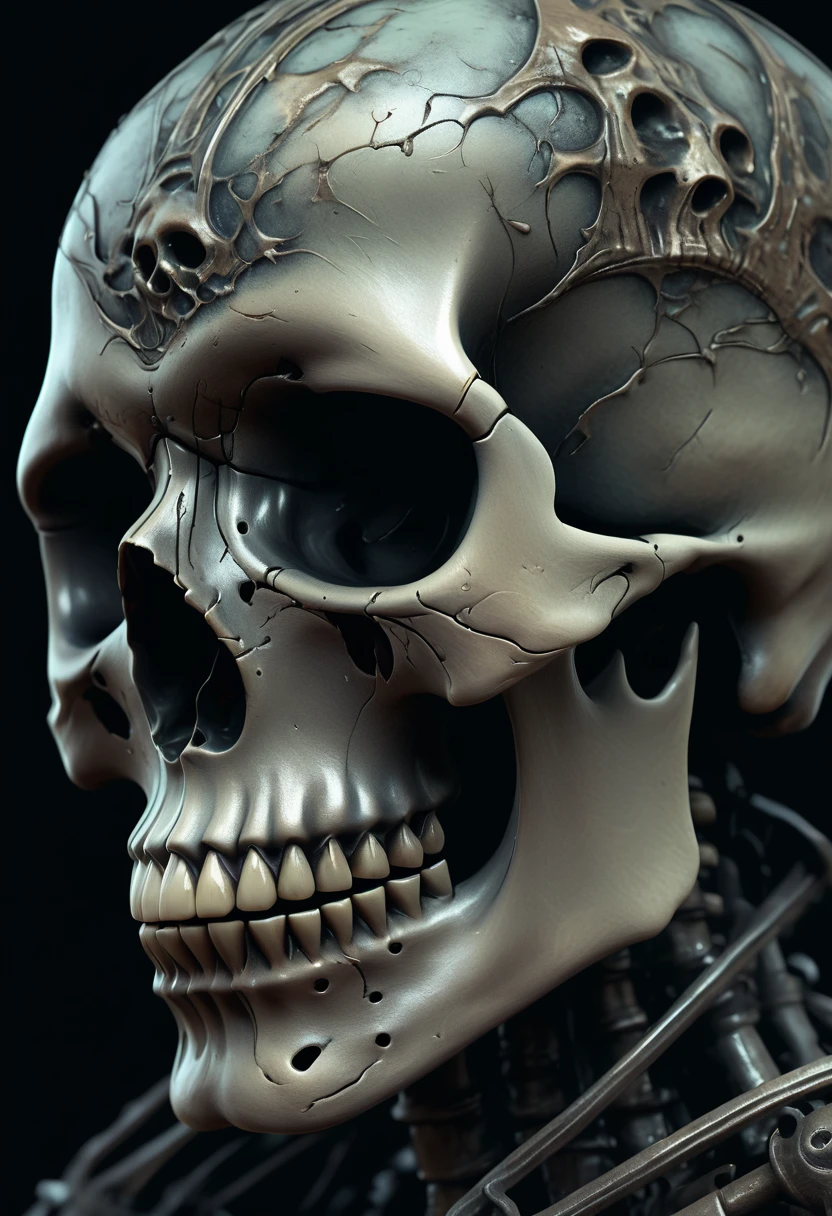 A detailed close up dark artsy skull with ((decaying fading effect)) dull color , with tormented expressionism art using ((high resolution , clear clarification with detailed refine image))