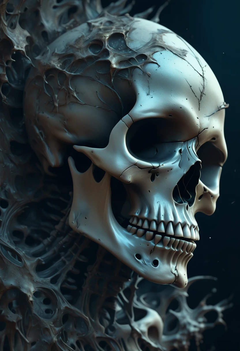 A detailed close up dark artsy skull with ((decaying fading effect)) dull color , with tormented expressionism art using ((high resolution , clear clarification with detailed refine image))