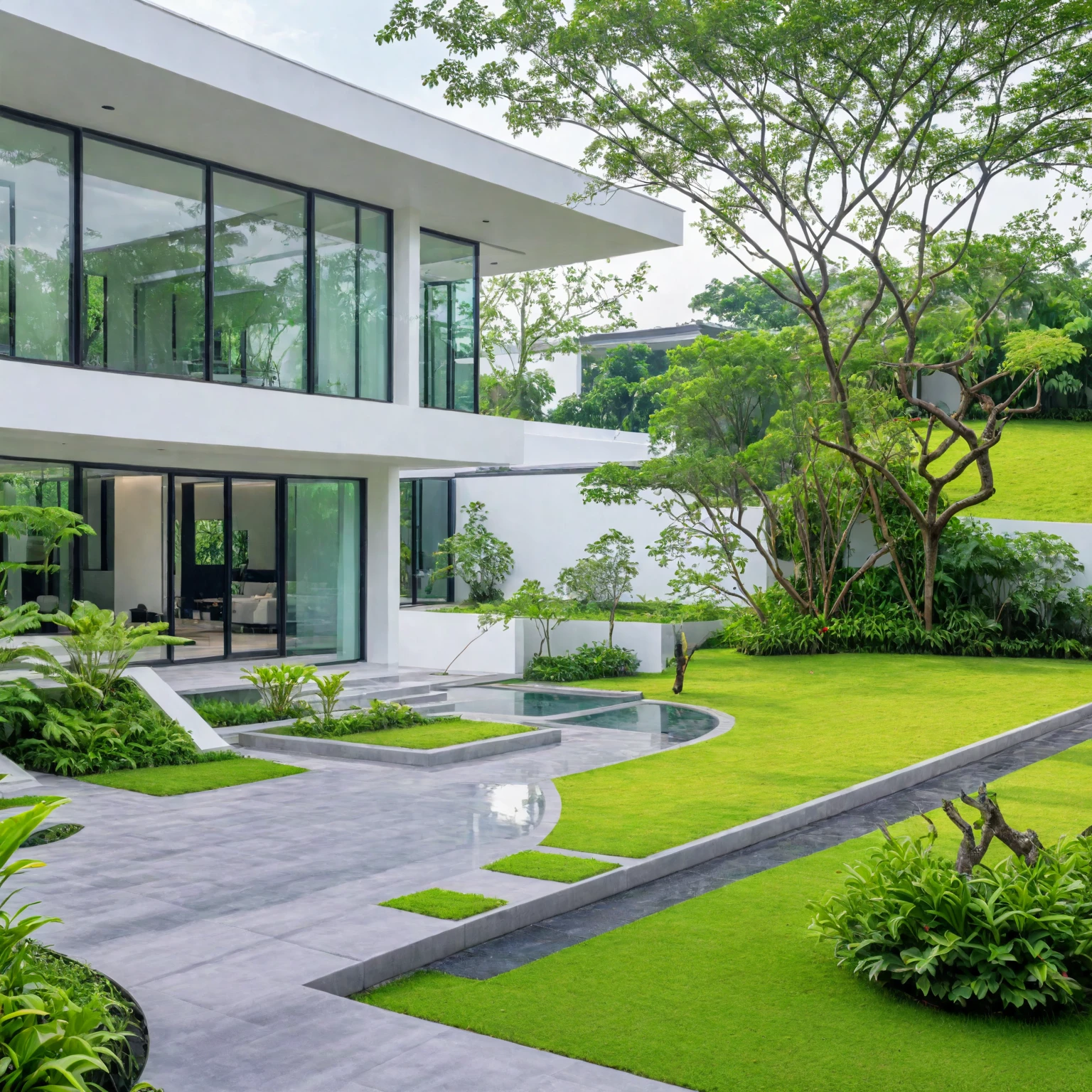 A modern minimalist style single-story villa with a flat roof, white walls and glass windows in Vietnam is surrounded by green lawns, ((road)), ((sidewalk)), (sidewalk trees), The overall architectural design features clean lines and simplicity, creating an elegant atmosphere. Use professional photography techniques to capture details and highlight the unique architecture of contemporary luxury houses in the style of minimalism