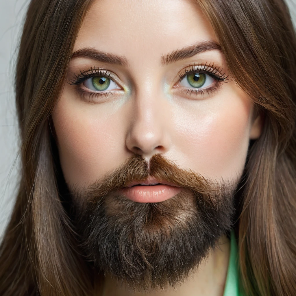 ultra sharp portrait, woman with huge shaggy beard on the cheeks under the eyes, tied brown hair, light green eyes, big nose