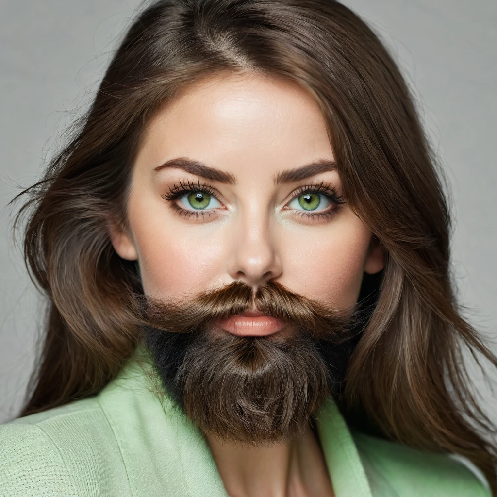 ultra sharp portrait, woman with huge shaggy beard on the cheeks under the eyes, tied brown hair, light green eyes, big nose