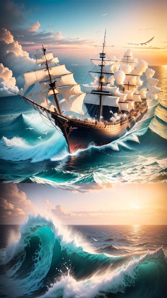 A ship floating on the sea，Barrels and scattered reins were neatly placed on the wooden deck.，In the distance, two ships are floating on the rough sea.，An island in the distance，There is also blue sky, white clouds and seagulls，Natural light，High-definition quality，High-quality posters，