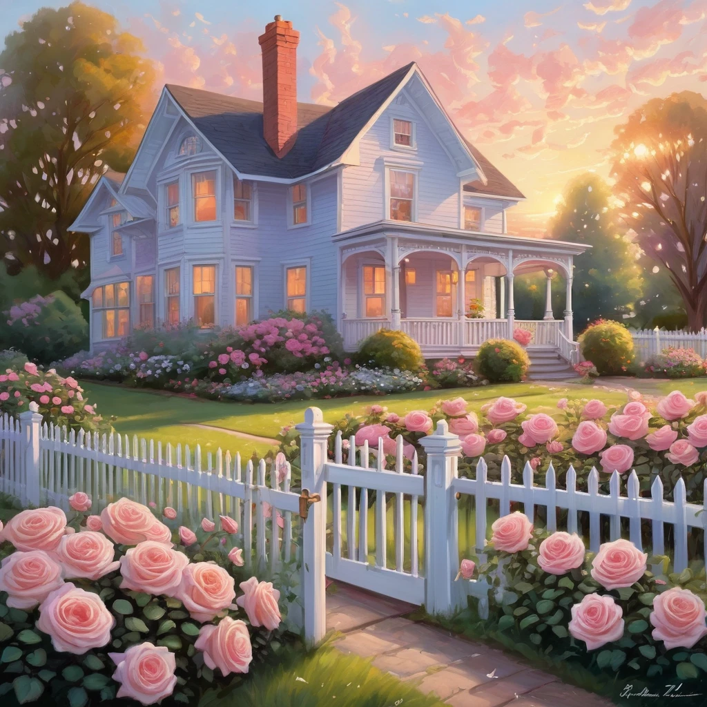 Create an incredibly stunning and unique image titled "American Beauty." Picture a serene, picturesque American landscape during the golden hour, with a classic white picket fence bordering a vibrant, blooming garden. The garden is filled with a riot of colorful roses, their petals kissed by the soft, warm light of the setting sun.
In the foreground, a vintage bicycle with a wicker basket full of fresh flowers leans against the fence, adding a touch of nostalgia and charm. Nearby, a perfectly manicured lawn stretches towards a beautifully restored Victorian house, painted in soft pastels with intricate detailing and a welcoming front porch.
The sky is a breathtaking gradient of oranges, pinks, and purples as the sun sets, casting a magical glow over the entire scene. Birds are gently soaring in the sky, and fireflies start to appear, adding a touch of whimsy and enchantment.
The color palette should be rich and harmonious, with the vibrant colors of the flowers and the soft hues of the sunset blending seamlessly. Use detailed, expressive brushstrokes to capture the delicate beauty of the roses and the intricate architecture of the house.
The entire image should evoke a sense of peace, beauty, and nostalgia, capturing the timeless charm of an idealized American suburban scene in a truly captivating and artistic masterpiece.