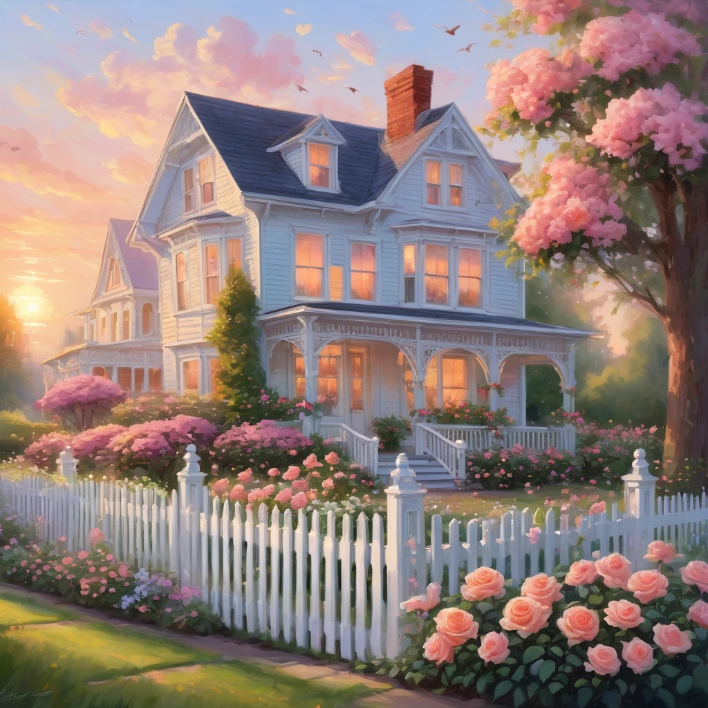 Create an incredibly stunning and unique image titled "American Beauty." Picture a serene, picturesque American landscape during the golden hour, with a classic white picket fence bordering a vibrant, blooming garden. The garden is filled with a riot of colorful roses, their petals kissed by the soft, warm light of the setting sun.

In the foreground, a vintage bicycle with a wicker basket full of fresh flowers leans against the fence, adding a touch of nostalgia and charm. Nearby, a perfectly manicured lawn stretches towards a beautifully restored Victorian house, painted in soft pastels with intricate detailing and a welcoming front porch.

The sky is a breathtaking gradient of oranges, pinks, and purples as the sun sets, casting a magical glow over the entire scene. Birds are gently soaring in the sky, and fireflies start to appear, adding a touch of whimsy and enchantment.

The color palette should be rich and harmonious, with the vibrant colors of the flowers and the soft hues of the sunset blending seamlessly. Use detailed, expressive brushstrokes to capture the delicate beauty of the roses and the intricate architecture of the house.

The entire image should evoke a sense of peace, beauty, and nostalgia, capturing the timeless charm of an idealized American suburban scene in a truly captivating and artistic masterpiece.