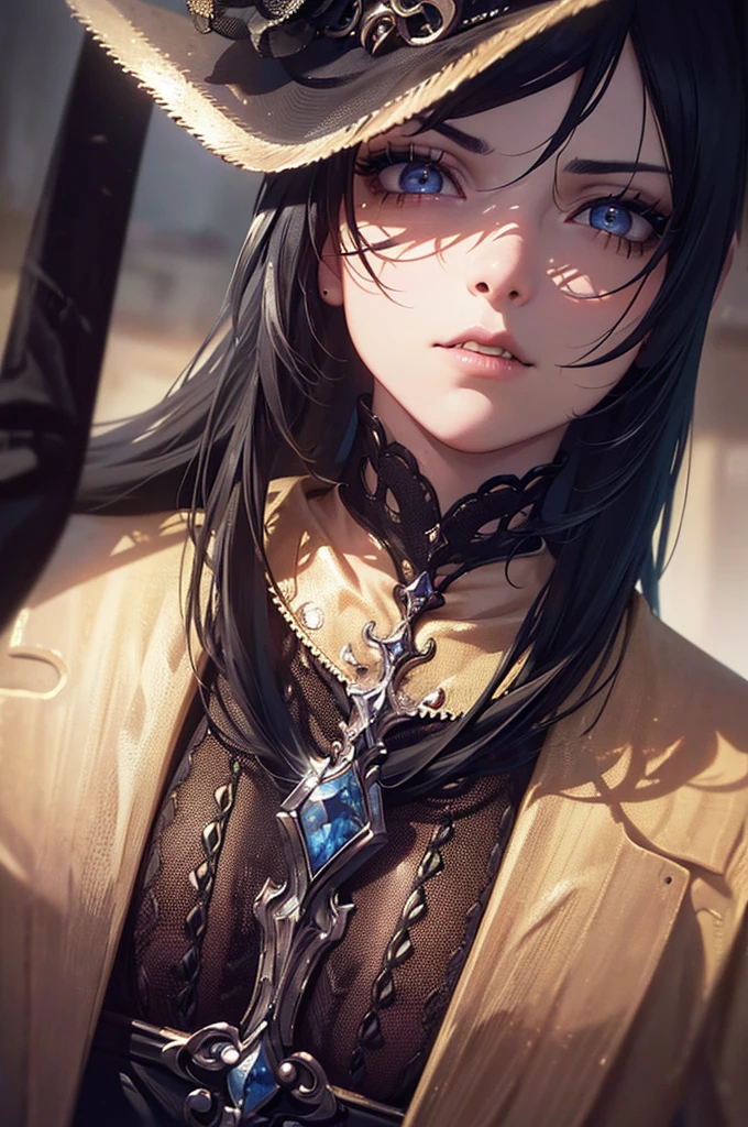 cowboy,bounty hunter,vampire,female,beautiful detailed eyes,beautiful detailed lips,extremely detailed eyes and face,longeyelashes,intricate detailed portrait,high contrast lighting,dramatic shadows,moody atmosphere,cinematic composition,warm color tones,chiaroscuro lighting,dramatic cinematic,photorealistic,8k, (best quality,4k,8k,highres,masterpiece:1.2),ultra-detailed,(realistic,photorealistic,photo-realistic:1.37)