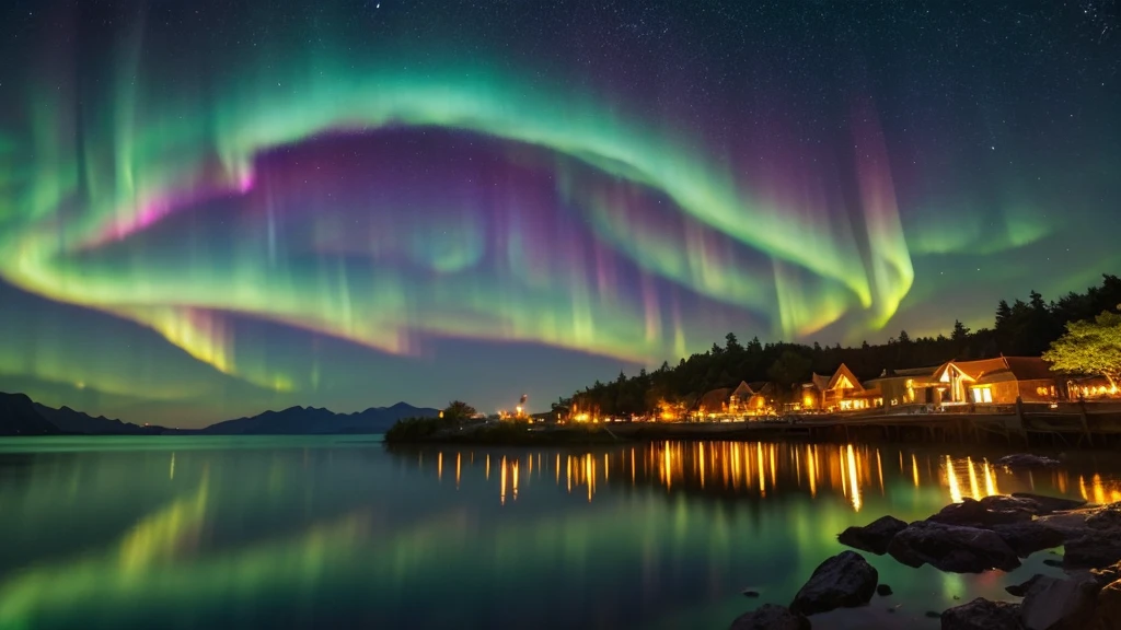 (Soar:1.1), (meteor:1.2), (comet:1.1), Low - Angle, Alolan Aurora, meteor, Highest quality, masterpiece, cloud, Rich and colorful, middle ages,Lakeside, night,summer, night景,