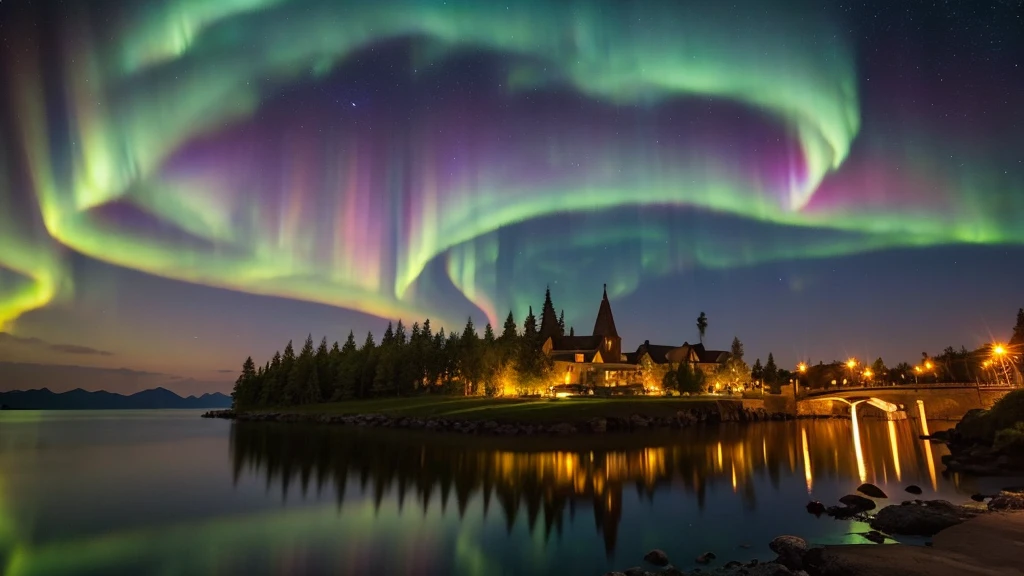 (Soar:1.1), (meteor:1.2), (comet:1.1), Low - Angle, Alolan Aurora, meteor, Highest quality, masterpiece, cloud, Rich and colorful, middle ages,Lakeside, night,summer, night景,