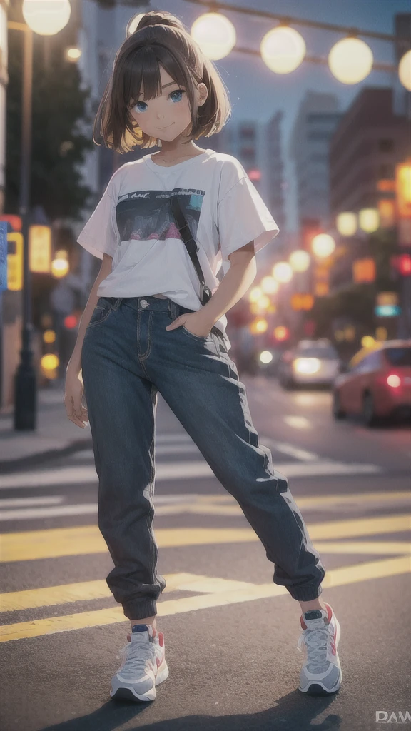 a 10 year old girl, beautiful girl, smiling, cheerful, brown hair, blue eyes, pants, t-shirt, sneakers, full body, (best quality,4k,8k,highres,masterpiece:1.2),ultra-detailed,(realistic,photorealistic,photo-realistic:1.37),HDR,studio lighting,ultra-fine painting,sharp focus,physically-based rendering,extreme detail description,professional,vivid colors,bokeh,portrait
