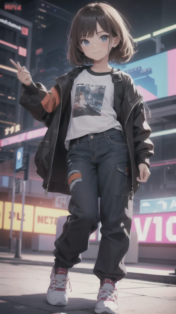 a girl, beautiful girl, smiling, cheerful, brown hair, blue eyes, pants, t-shirt, sneakers, full body, (best quality,4k,8k,highres,masterpiece:1.2),ultra-detailed,(realistic,photorealistic,photo-realistic:1.37),HDR,studio lighting,ultra-fine painting,sharp focus,physically-based rendering,extreme detail description,professional,vivid colors,bokeh,portrait