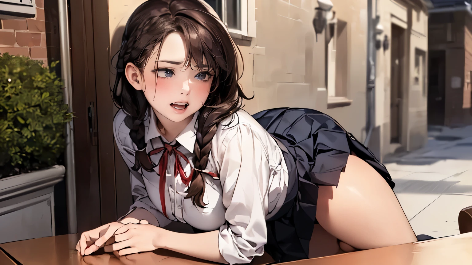 ((braid, glasses, pleated skirt, ribbon)), (((round face))), ((eyes with realistic sizing, drooping eyes, blush, shame smile, thin lips, spread legs)), (((standing and straddling to hit her crotch against the corner of the table for self pleasure))), open mouth, (outside, on the sidewalk, terrace table), angle from side,