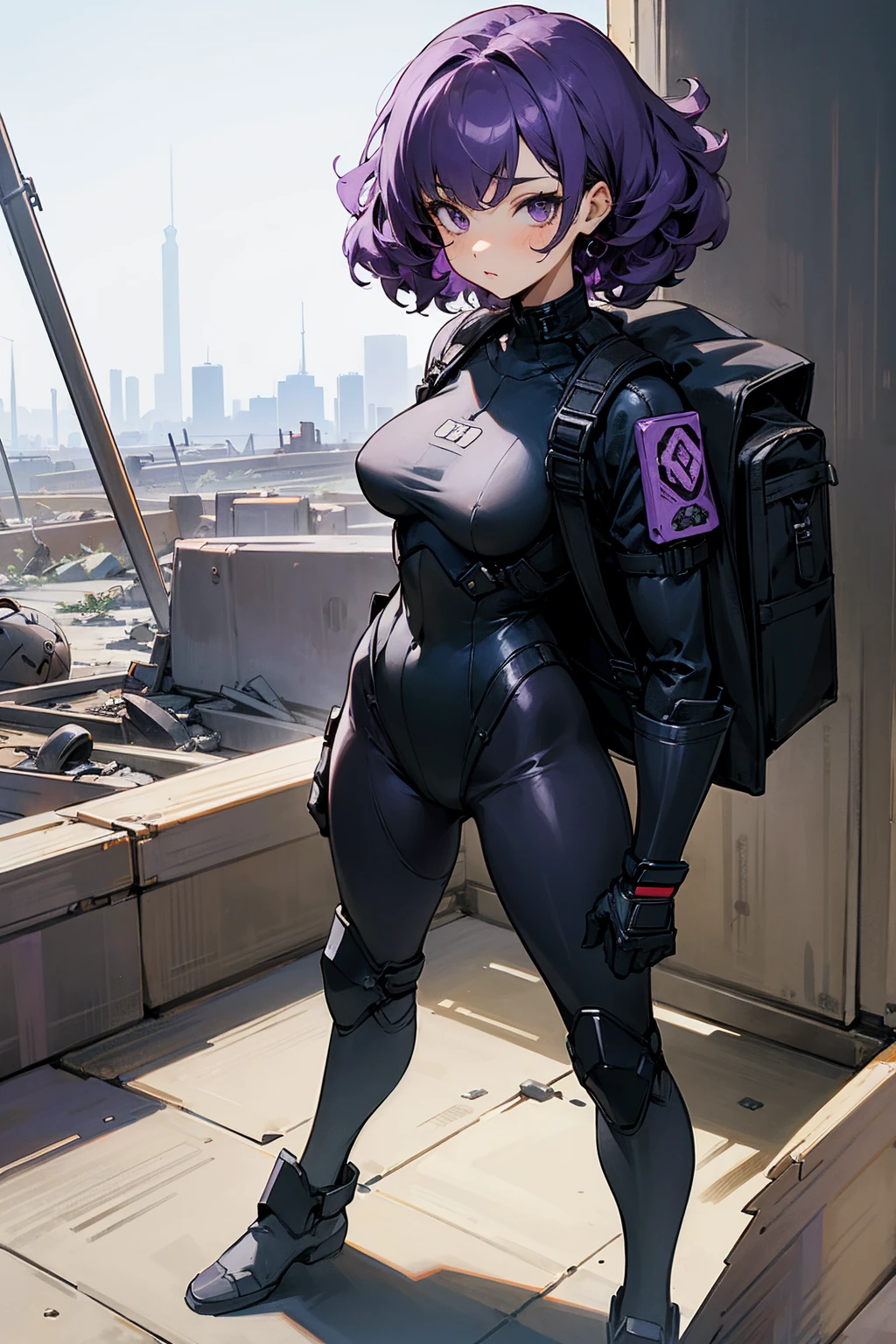 1female , Backpack , Black Bodysuit , Black Armored Military Clothing , Curly Styled Purple Hair , Cute Expression , Adult Female , Standing in ruined city background