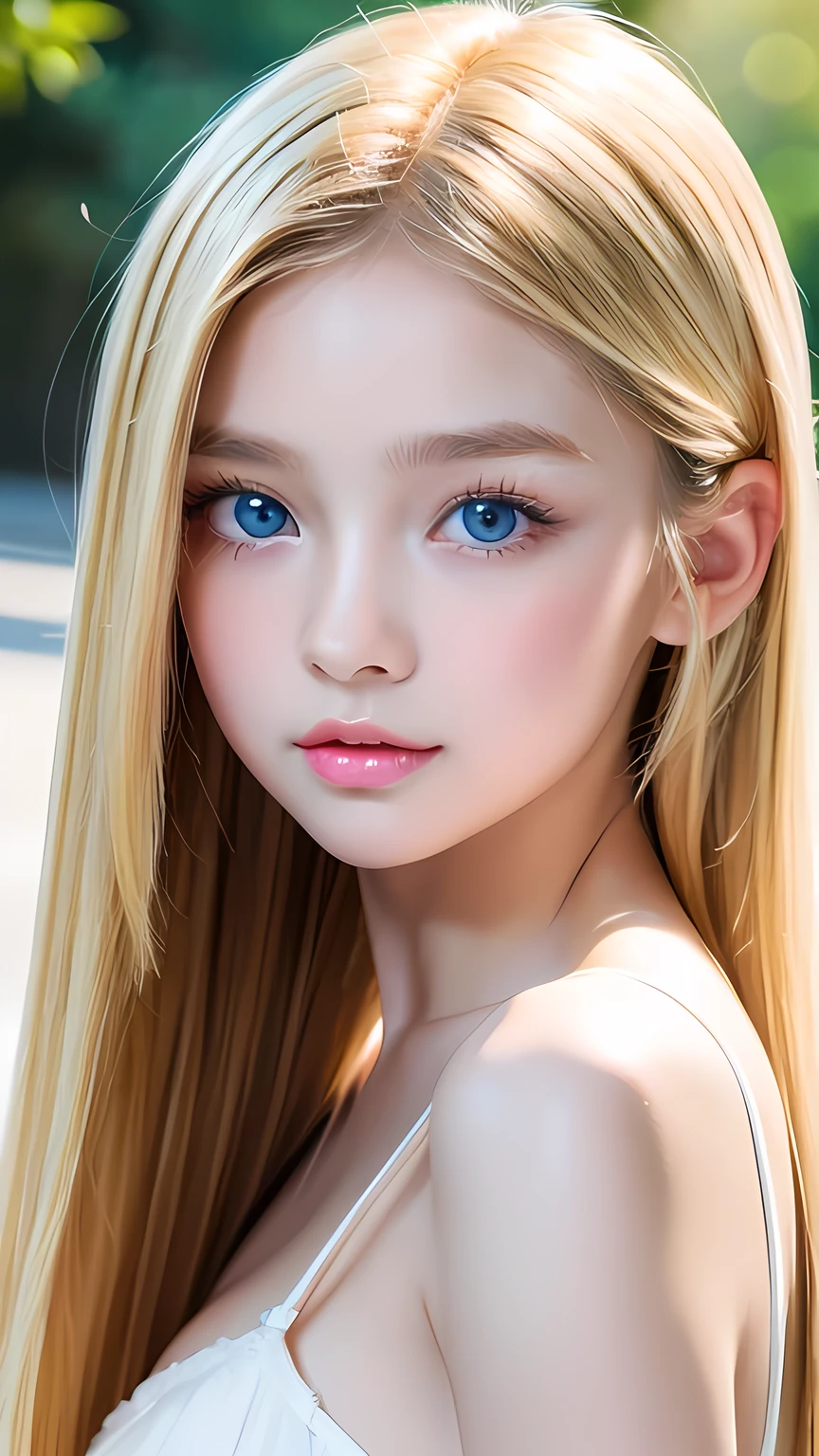 ((Glossy blonde hair and dazzling glossy hair))、A lovely little beautiful face of 15 years old、Bright expression、ponytail、A cute face that suits you、Long, lustrous bangs dancing in front of her pretty face between her eyes、bangs that hide the face、(Very beautiful super long straight silky hair),Sexy cute young woman、Very big eyes、Sparkling, light, pale blue eyes、Small Face Beauty、Round face、White skin、Glowing Skin、Cheek gloss、Gloss Face、Young face、Lolita Face、