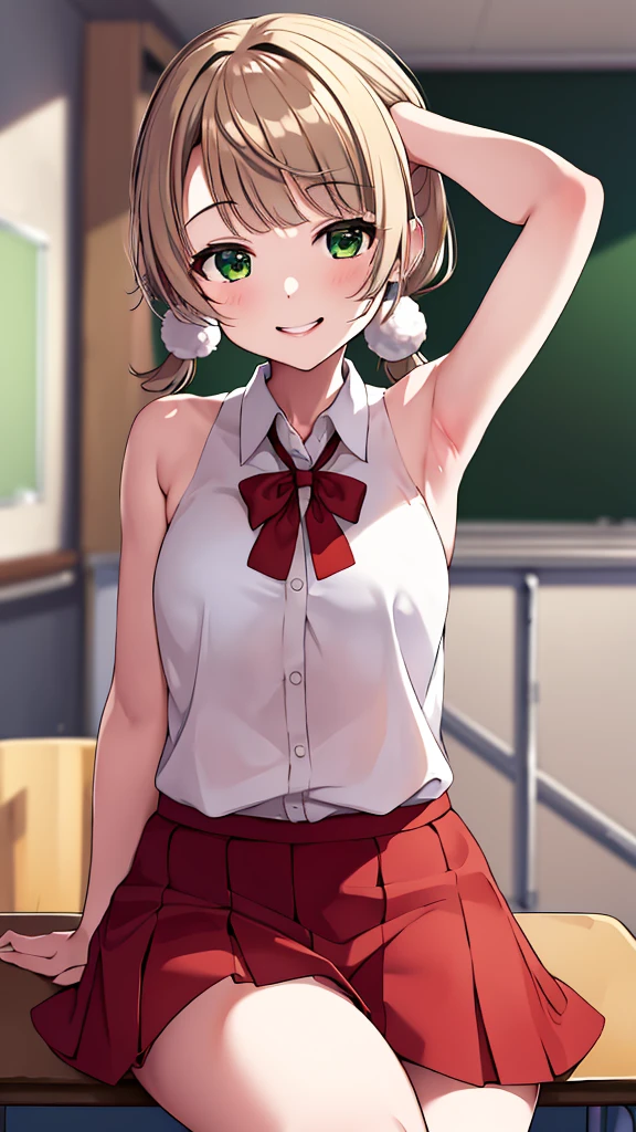 masterpiece, Highest quality, High resolution, 2 Languages, One girl, alone, Green Eyes, alone, Red Skirt, White shirt, Low twin tails, Pom-pom \(Clothes\), naked, Cowboy Shots, Sitting, classroom, machine, Put your hands on the table, smile, Armpit Show, Raise your arms