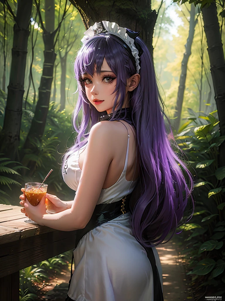 a woman in a purple dress is standing in the forest, extremely detailed germen de arte, chica anime seductora, a sexy maid in a magical forest, hermosa y seductora mujer anime, fantasy art style, style germen de arte, Arte detallado de alta calidad 8k, ig model | germen de arte, alena aenami and germen de arte, chica elfa, Sorteos de Wlop Ross. 8k.
