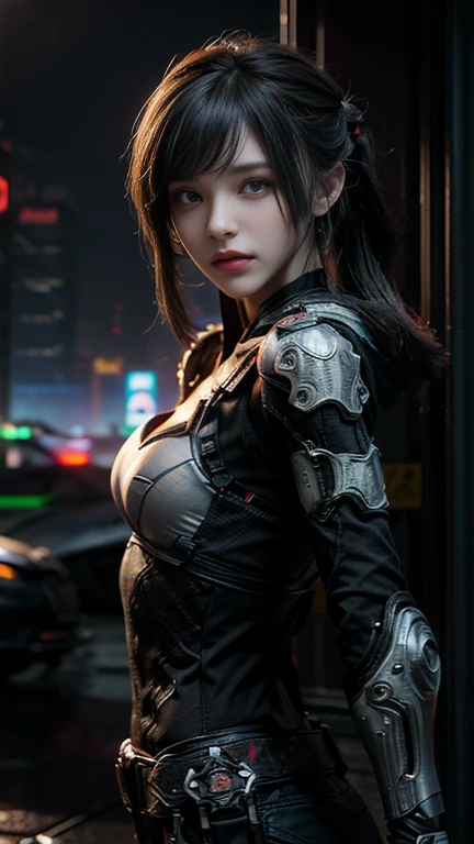 masterpiece,Highest quality,High resolution,8k,(R Original photo),Actual situation,Digital photography,(Cyberpunk meets fantasy),(personal),Female Soldier,Hairstyle is free,Cyberpunk City，With bangs, accessories,shut up,Elegant and attractive,serious and arrogant,calm and handsome,(Cyberpunk and fantasy style clothing combination）,Hollow-out carving design,Small breasts，composite armor,Pose facing forward for photo,Realistic Style,oc rendering reflection texture，，Future City，Medium-range shooting,Whole body