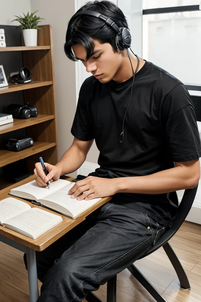a boy in a table and chair setting and wearing headphones and writing something in his notebook and he with black hair and black shirt