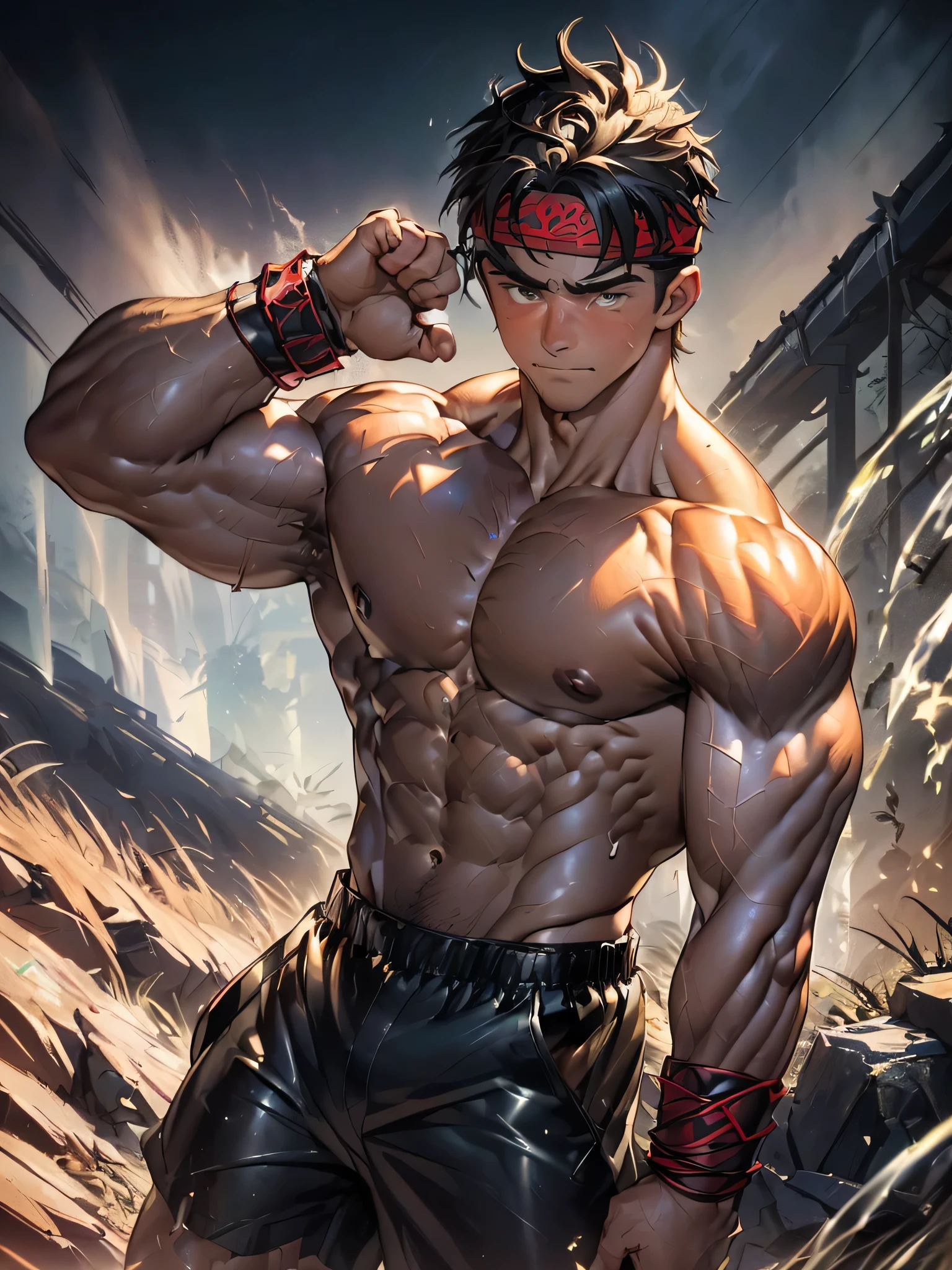 (Masterpiece, Best quality 19 year old boy, black background, cowboy shot), solo, Young, boy, muscler, Shirtless, topless, (Dark Short straight hair, under cut, brown eyes), (red headband, ((leather fingerless grobe, black wristband))), ((hot Abs:1.2, big breast:1.2, chest!, muscler upper arms), Vivid colors, muscler!, muscler, muscler body, (aura power:1.4), detailed face, detailed muscle, (((A magical mystical aura, rippling muscles, fighting pose, struggle, combats, fighting, chilling atmosphere, subtle color tones)))