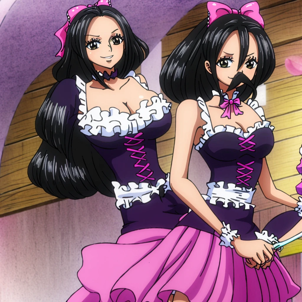 chica de piel morena sonrojada, con el pelo corto y desordenado con flequillo de color negro , ojos grandes y redondos de color negro, hero costume that was a purple corset, a skirt with a pink bow, medias largas con rayas color morado con rosa, y unos zapatos estudiantiles Cute