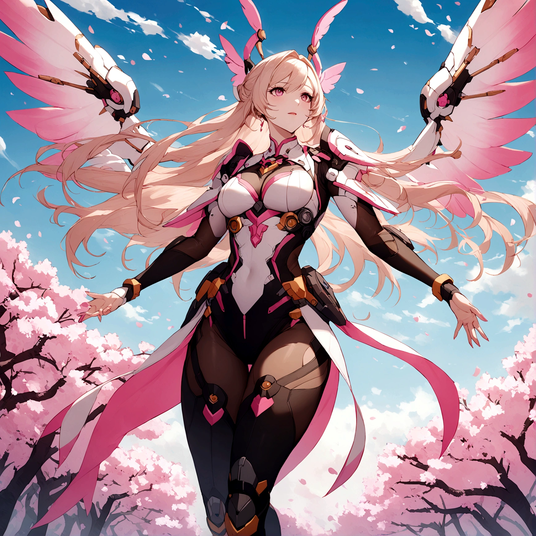 Pink mercy with long hair from overwatch surrounded by cherry blossoms in flight