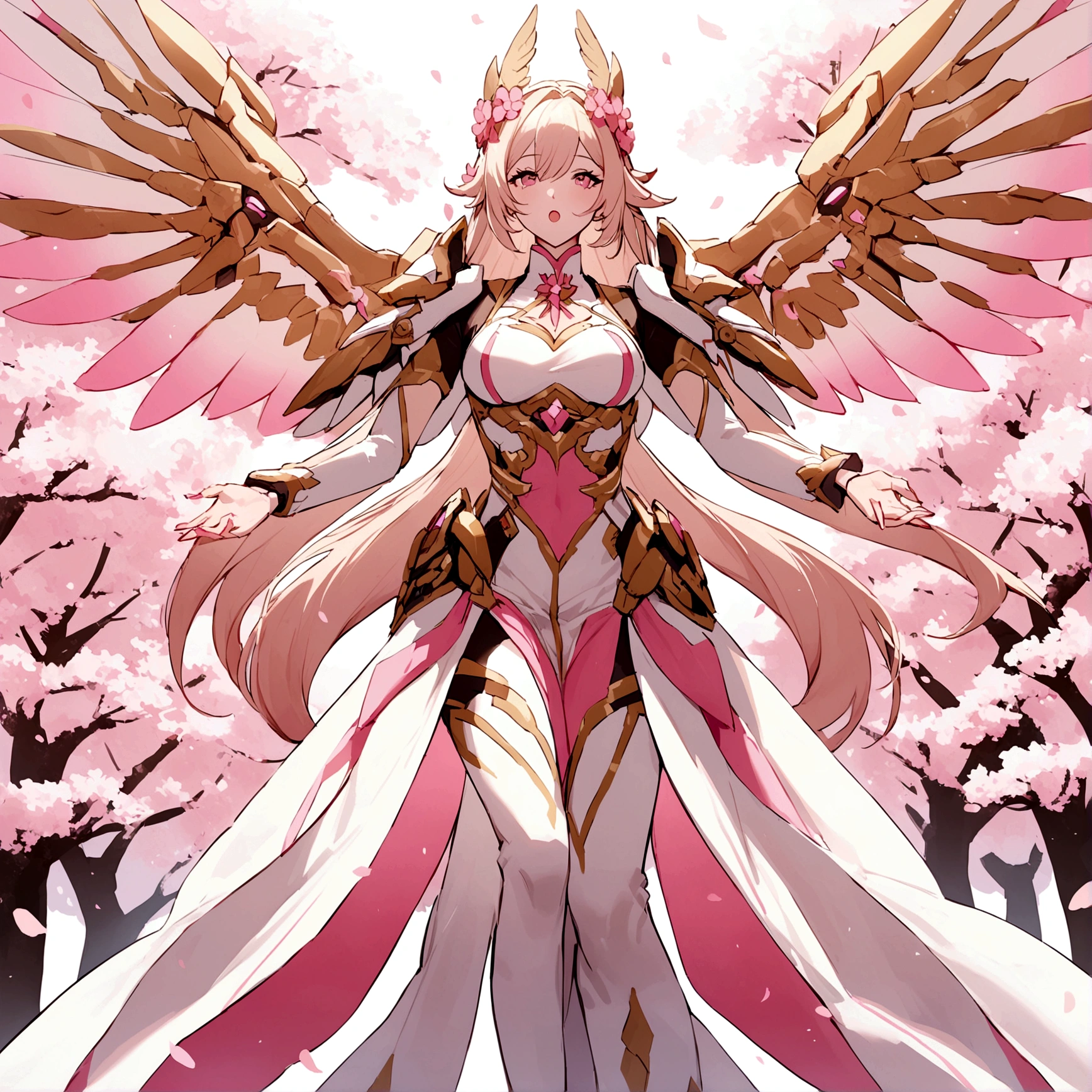 Pink mercy with long hair from overwatch surrounded by cherry blossoms in flight