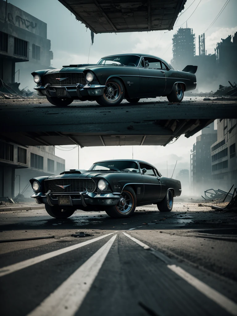 race muscle car 1955 cadilac eldorado, ruins, sci-fi, futuristic, cinematic lighting, chiaroscuro,ray tracing,highly detailed, high-quality, color contrast, atmospheric, dystopian, urban, vibrant colors, shattered glass, dramatic shadows, decaying buildings, futuristic technology, dynamic composition, motion blur, urban decay, dynamic perspective, immersive atmosphere, post-apocalyptic, abandoned, reflections, moody, intense, mystery, advanced design, sleek lines, powerful engine, speed, danger, adrenaline rush