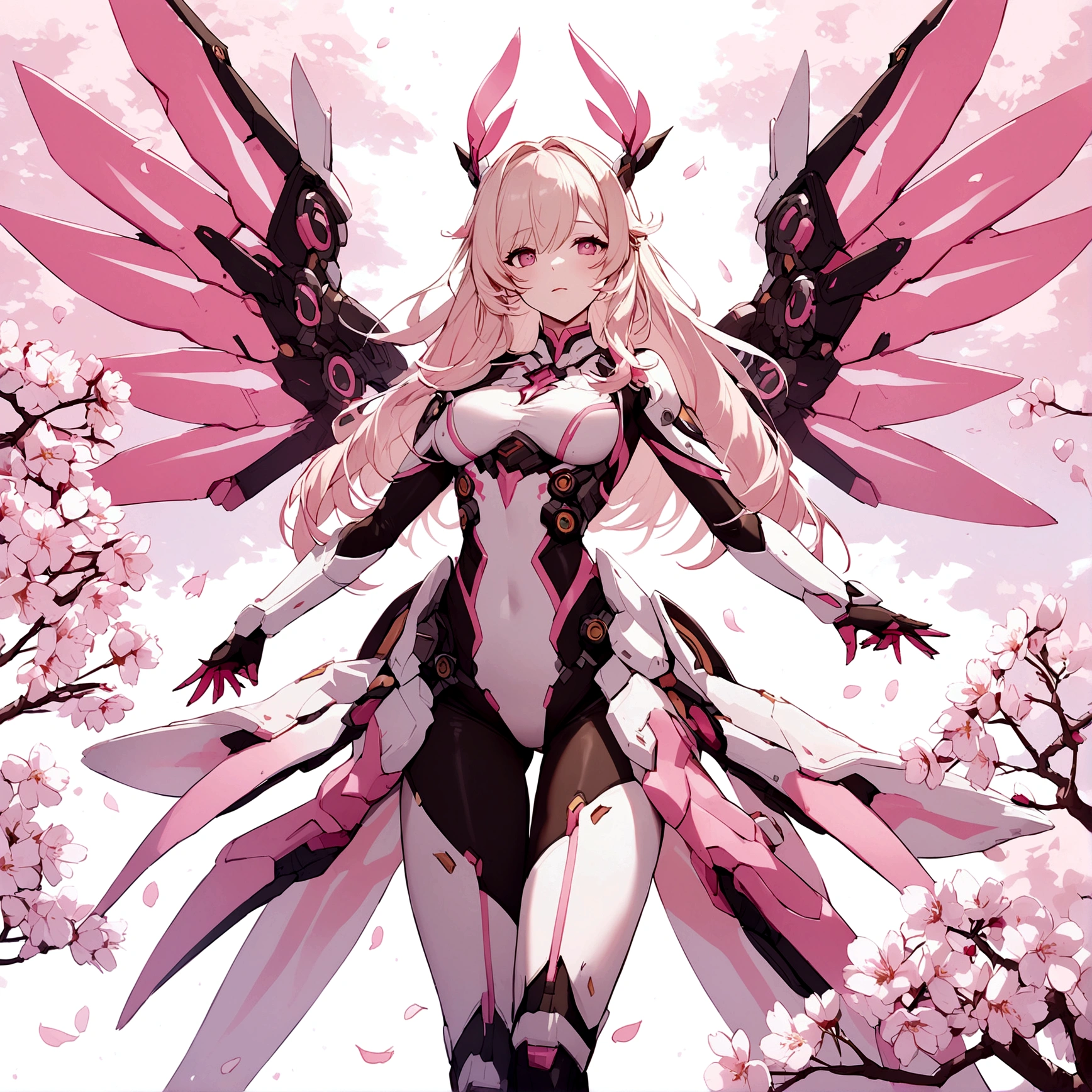 Pink mercy with long hair from overwatch surrounded by cherry blossoms in flight
