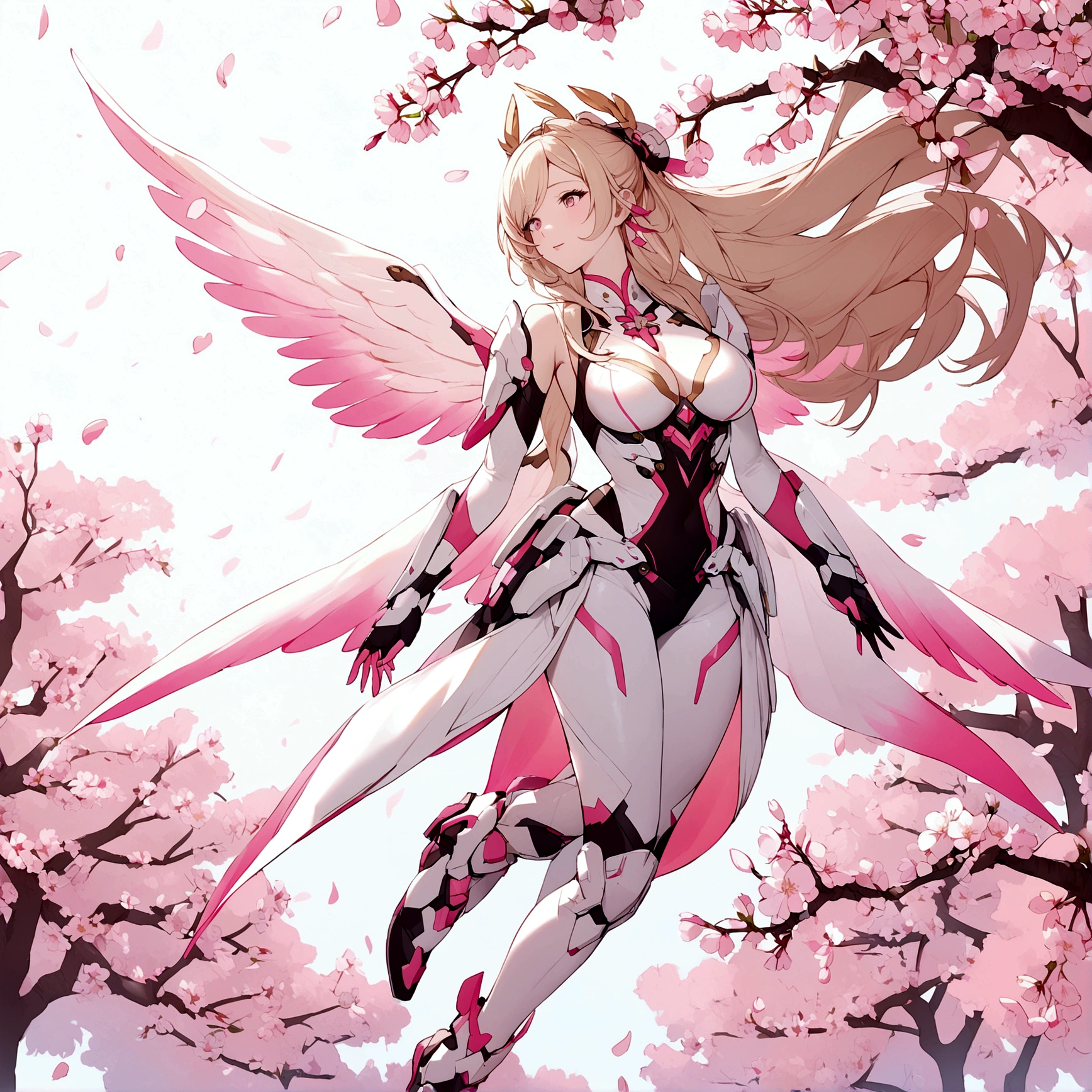 Pink mercy with long hair from overwatch surrounded by cherry blossoms in flight