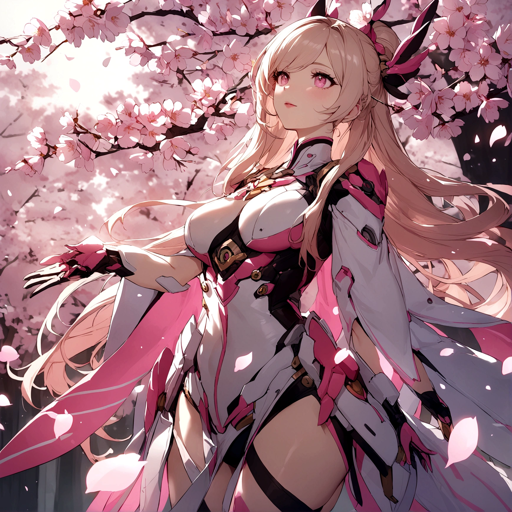 Pink mercy with long hair from overwatch surrounded by cherry blossoms in flight