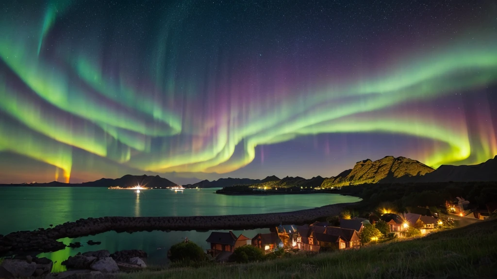 (Soar:1.1), (meteor:1.2), (comet:1.1), Low - Angle, Alolan Aurora, meteor, Highest quality, masterpiece, cloud, Rich and colorful, middle ages,Lakeside, night,summer, night景,