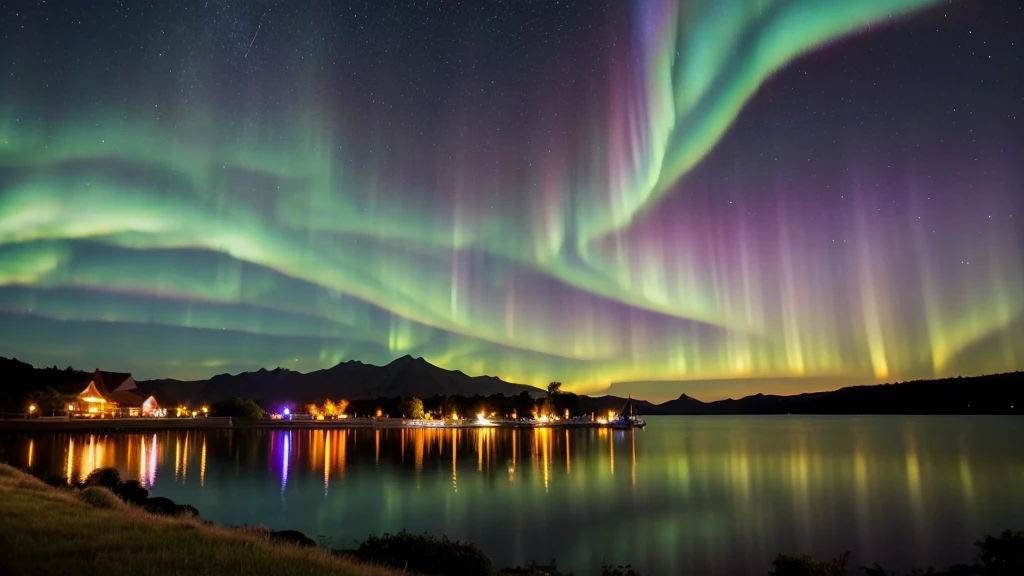 (Soar:1.1), (meteor:1.2), (comet:1.1), Low - Angle, Alolan Aurora, meteor, Highest quality, masterpiece, cloud, Rich and colorful, middle ages,Lakeside, night,summer, night景,