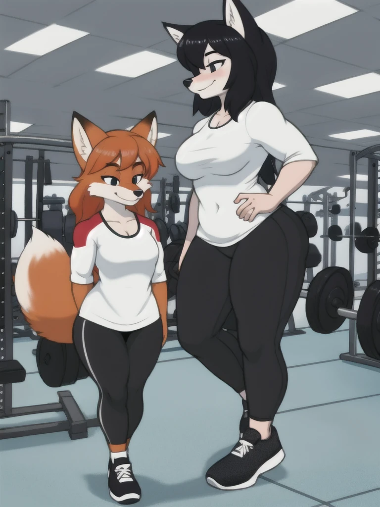 Furry, fox, female, white shirt, black leggings, shoes, gym, teen, full body