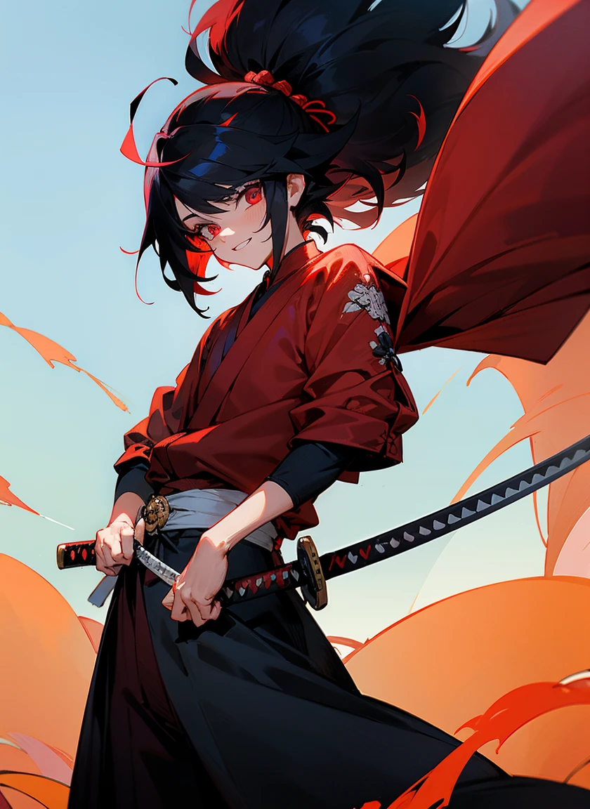 1male , pelo medio largo , pelo lanudo , pelo negro , crimson eyes , Yukata roja y blanca, samurai clothing , Katana on hip , Katana hilt on the hip , Caminando por un pueblo, happy expression, macho adulto , Sunny day background , fondo del pueblo, male